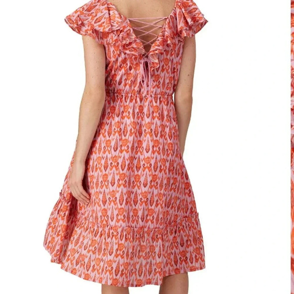 Figue Tahlia Midi Dress Cotton Ruffle Tie Waist Lace Up Back Pink Red Size XL - Picture 6 of 12